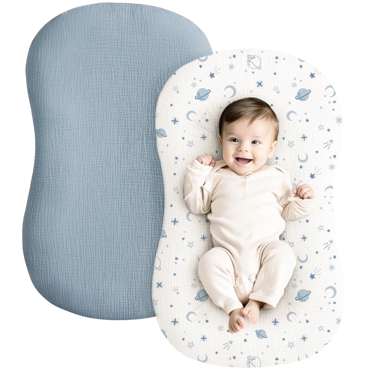 Konssy Muslin Baby Lounger Cover 2 Pack, 100% Cotton Newborn Lounger Cover, Soft and Breathable Baby Nest Slipcover for Boys Girls (Camel,Sun)