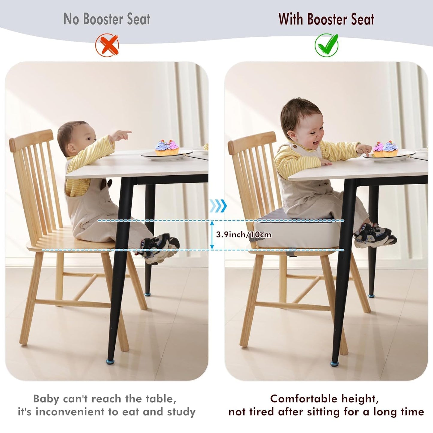 Toddler Booster Seat for Kitchen Chair, Non-Slip Kids Dining Table Booster Seat with Adjustable Safer Straps, Portable Baby Eating Travel Increasing Cushion