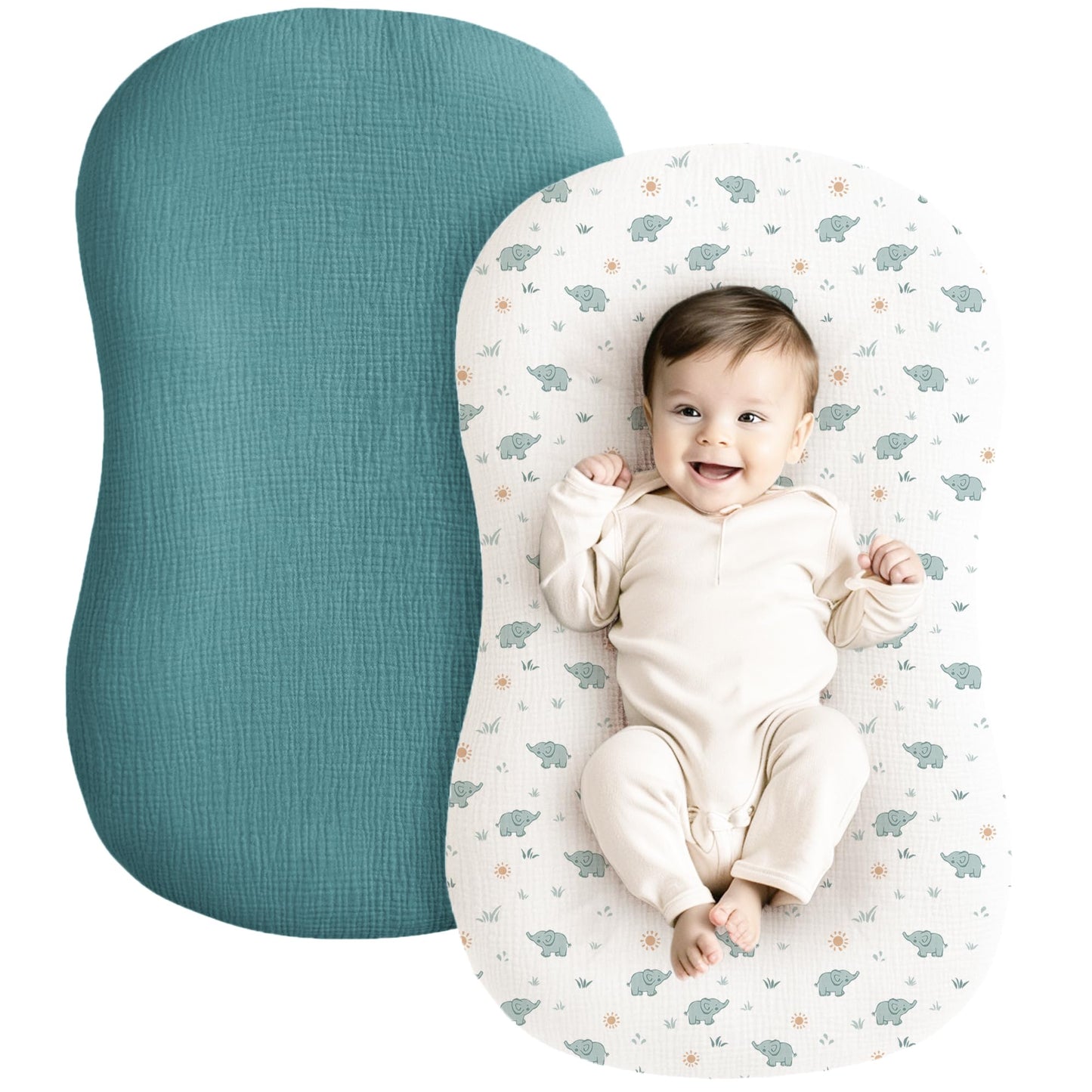 Konssy Muslin Baby Lounger Cover 2 Pack, 100% Cotton Newborn Lounger Cover, Soft and Breathable Baby Nest Slipcover for Boys Girls (Camel,Sun)