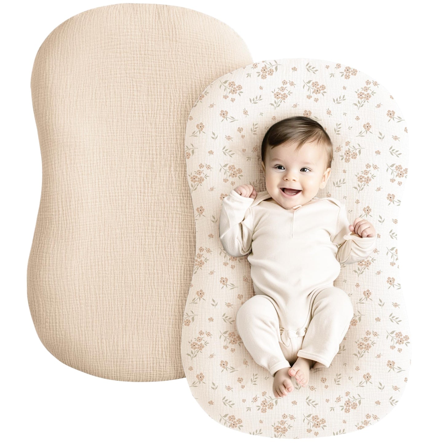 Konssy Muslin Baby Lounger Cover 2 Pack, 100% Cotton Newborn Lounger Cover, Soft and Breathable Baby Nest Slipcover for Boys Girls (Camel,Sun)