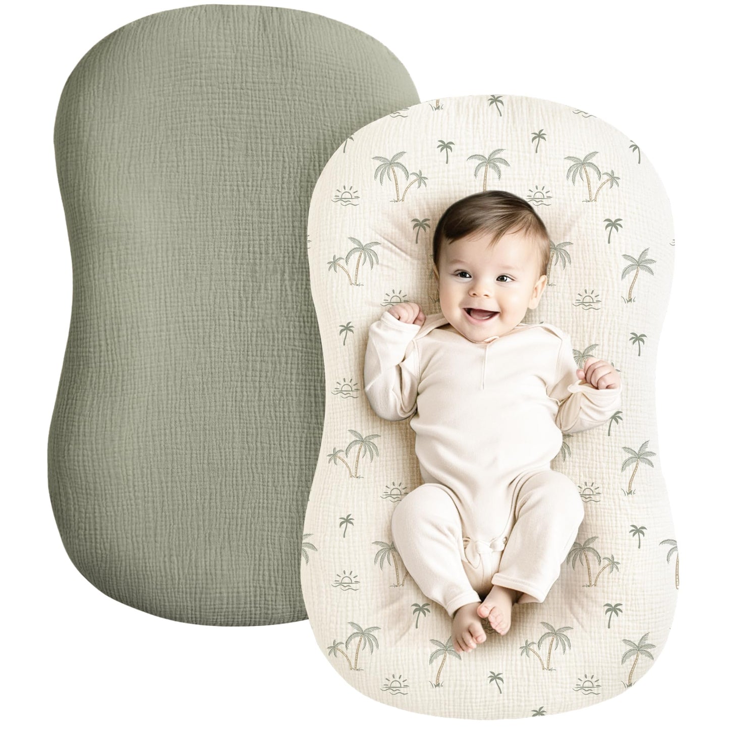 Konssy Muslin Baby Lounger Cover 2 Pack, 100% Cotton Newborn Lounger Cover, Soft and Breathable Baby Nest Slipcover for Boys Girls (Camel,Sun)