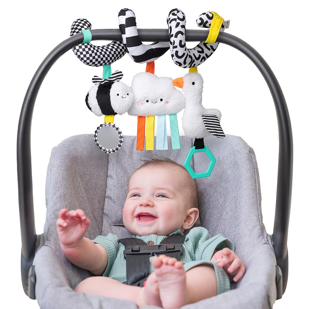 Itzy Ritzy Spiral Car Seat & Stroller Activity Toy - Stroller & Car Seat Toys for Ages 0 Months and Up - Hanging Toys Include Clinking Rings, Mirror and Textured Ribbons (Rainbow)