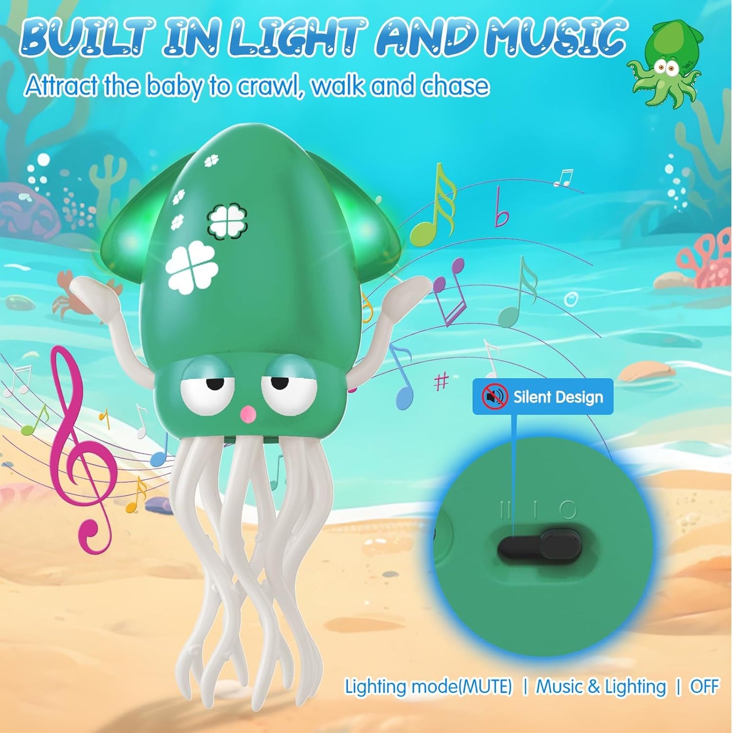 Baby Dancing Octopus Toy for 1 2 3 4 5 Year Old Boy Girl, Baby Tummy Time Electric Crawling Octopus Toys 12-18 Months, Dancing Squid Toy for Walking Toddlers, Kids 1st Birthday Gifts, Green
