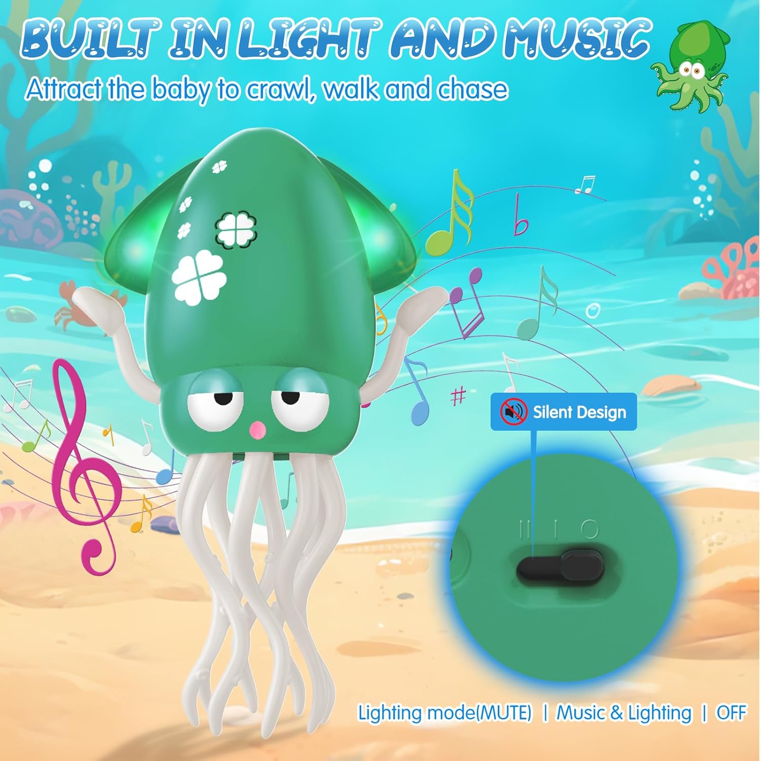 Baby Dancing Octopus Toy for 1 2 3 4 5 Year Old Boy Girl, Baby Tummy Time Electric Crawling Octopus Toys 12-18 Months, Dancing Squid Toy for Walking Toddlers, Kids 1st Birthday Gifts, Green