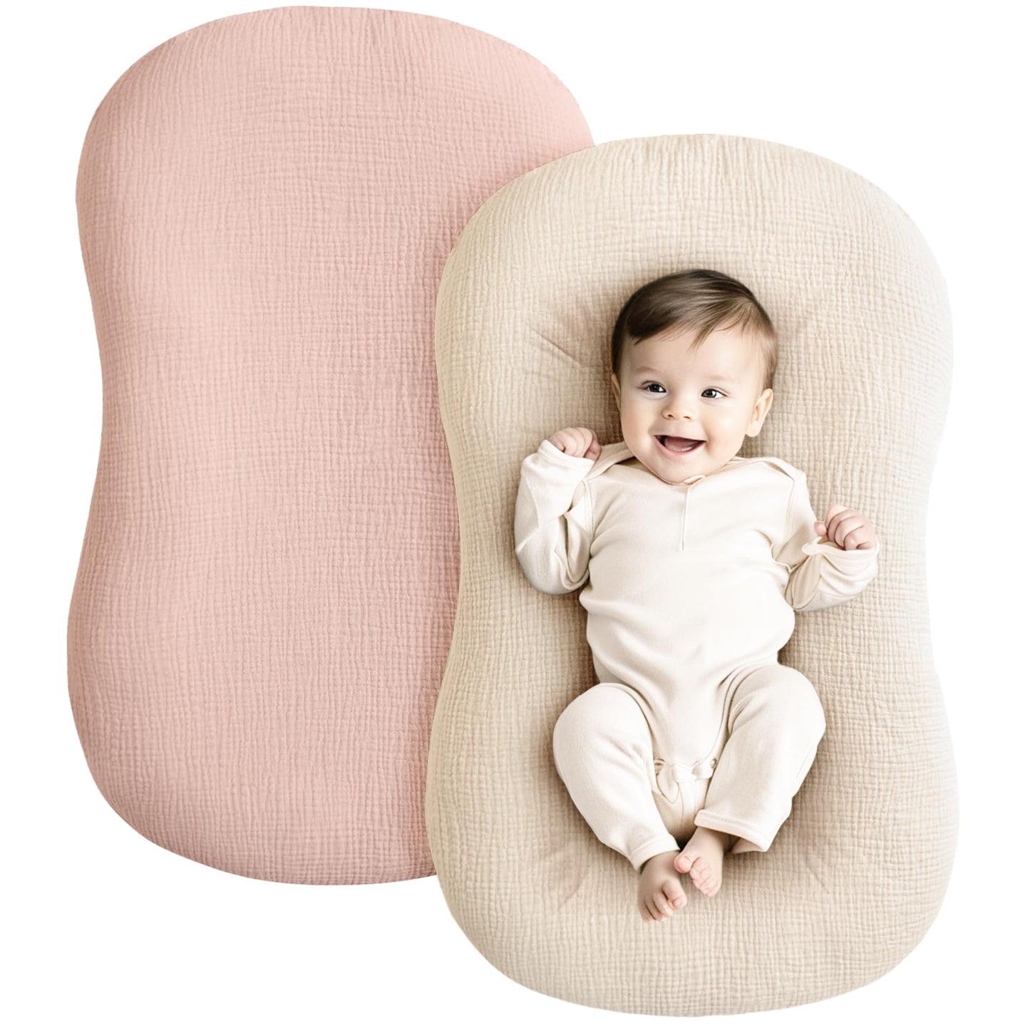 Konssy Muslin Baby Lounger Cover 2 Pack, 100% Cotton Newborn Lounger Cover, Soft and Breathable Baby Nest Slipcover for Boys Girls (Camel,Sun)