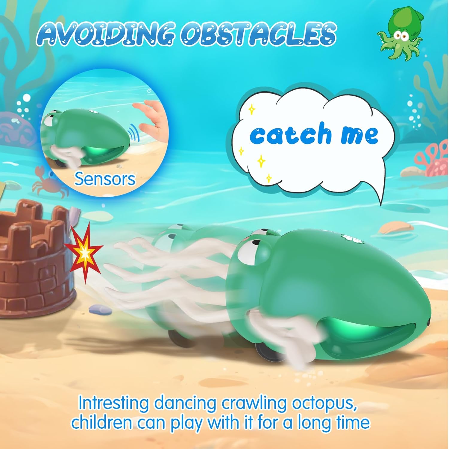 Baby Dancing Octopus Toy for 1 2 3 4 5 Year Old Boy Girl, Baby Tummy Time Electric Crawling Octopus Toys 12-18 Months, Dancing Squid Toy for Walking Toddlers, Kids 1st Birthday Gifts, Green