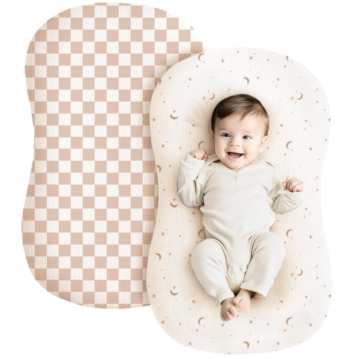 Konssy Muslin Baby Lounger Cover 2 Pack, 100% Cotton Newborn Lounger Cover, Soft and Breathable Baby Nest Slipcover for Boys Girls (Camel,Sun)
