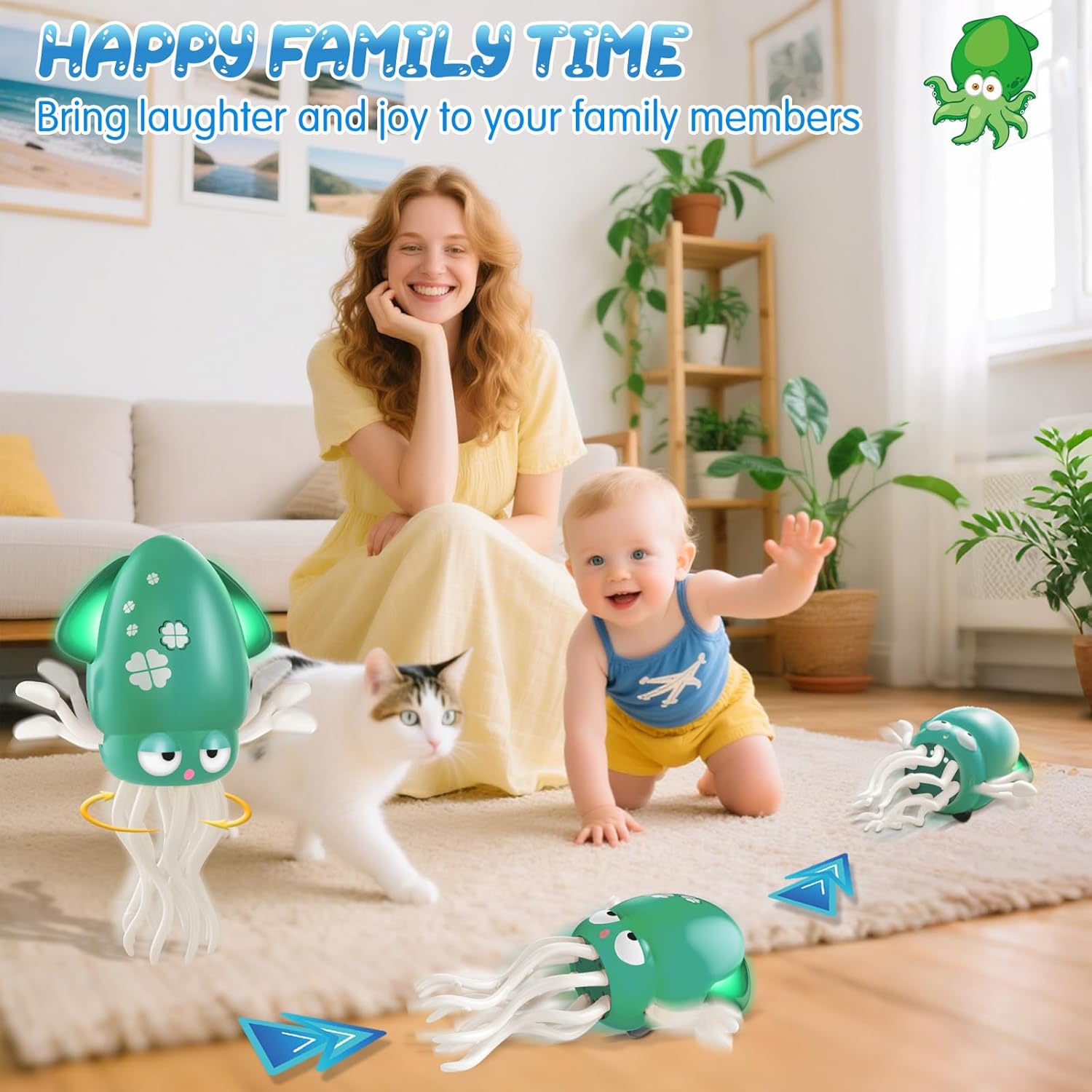 Baby Dancing Octopus Toy for 1 2 3 4 5 Year Old Boy Girl, Baby Tummy Time Electric Crawling Octopus Toys 12-18 Months, Dancing Squid Toy for Walking Toddlers, Kids 1st Birthday Gifts, Green