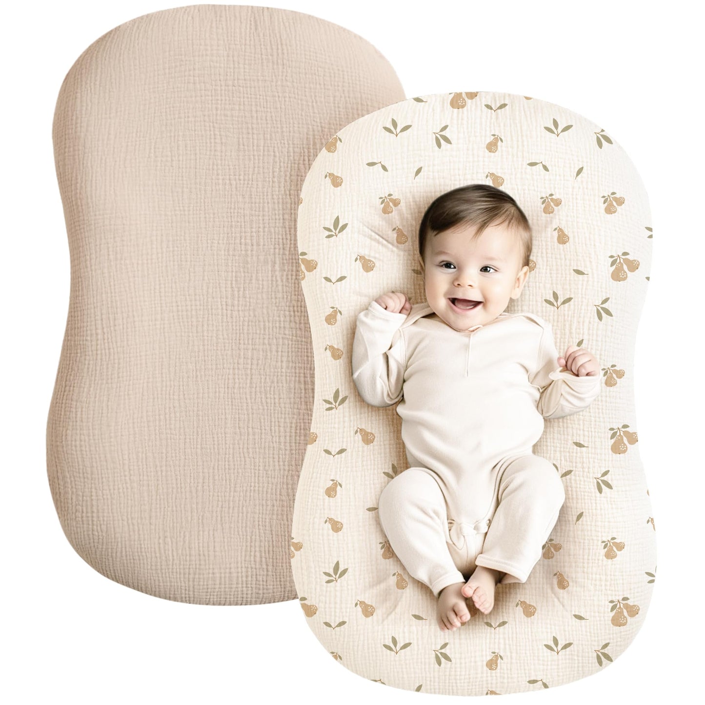 Konssy Muslin Baby Lounger Cover 2 Pack, 100% Cotton Newborn Lounger Cover, Soft and Breathable Baby Nest Slipcover for Boys Girls (Camel,Sun)