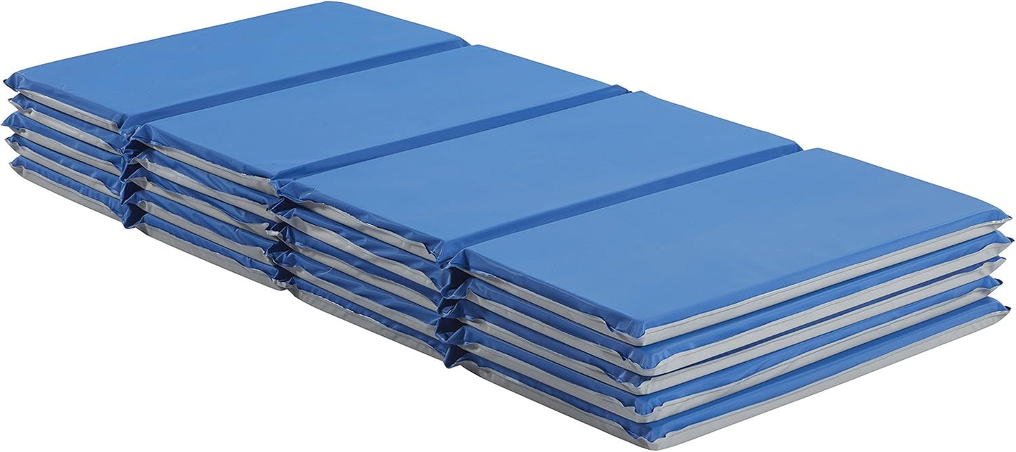 ECR4Kids Everyday Folding Rest Mat, 4-Section, 1in, Classroom Furniture, Blue/Grey