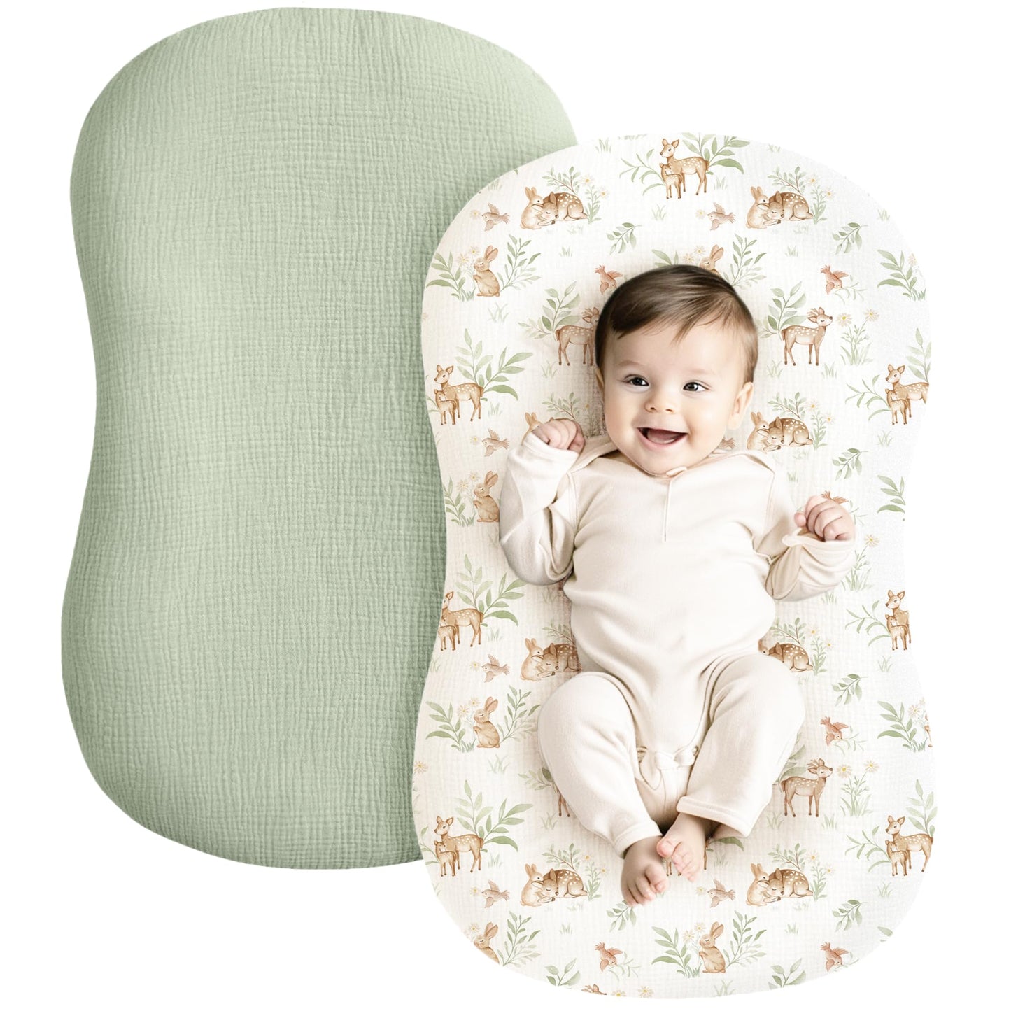 Konssy Muslin Baby Lounger Cover 2 Pack, 100% Cotton Newborn Lounger Cover, Soft and Breathable Baby Nest Slipcover for Boys Girls (Camel,Sun)