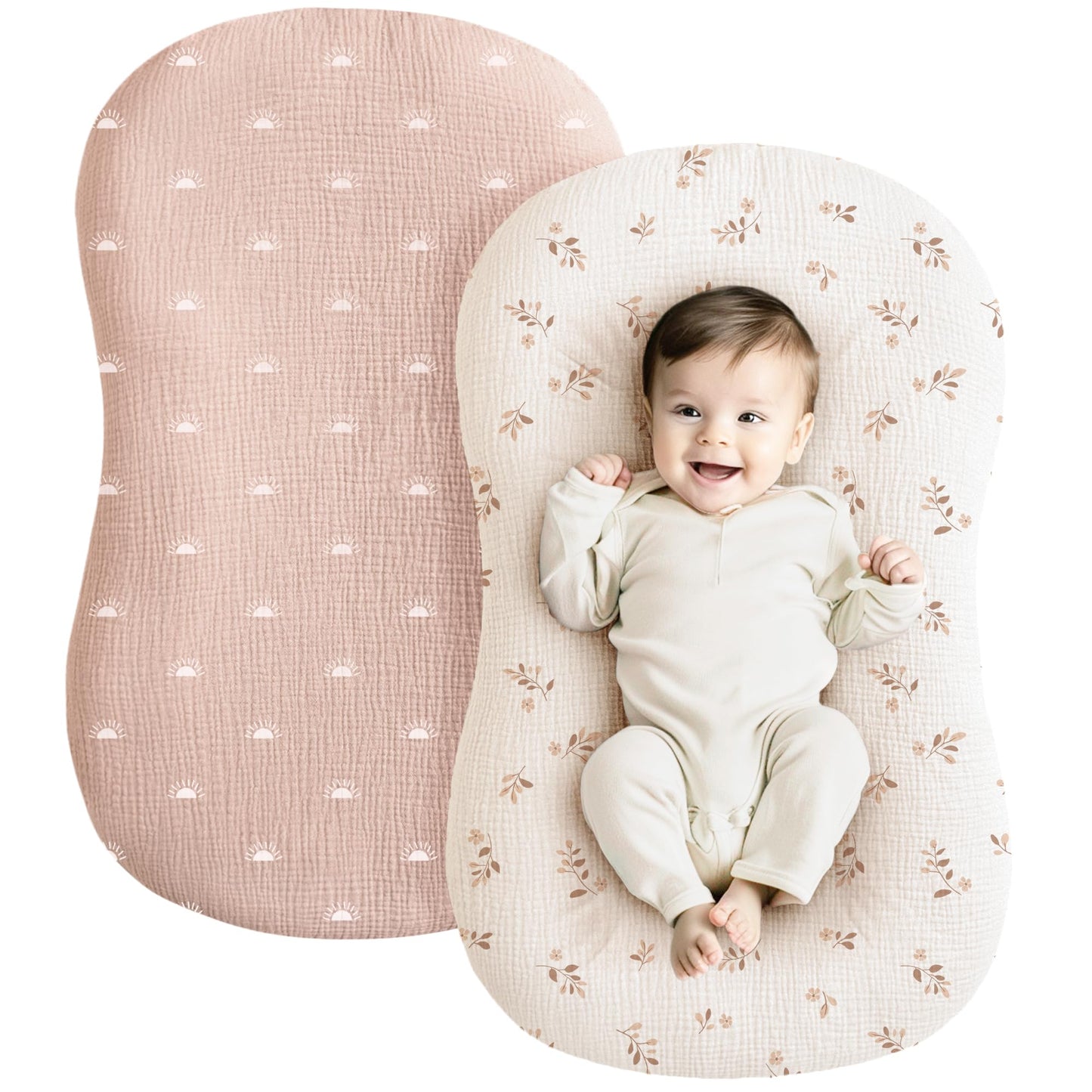 Konssy Muslin Baby Lounger Cover 2 Pack, 100% Cotton Newborn Lounger Cover, Soft and Breathable Baby Nest Slipcover for Boys Girls (Camel,Sun)