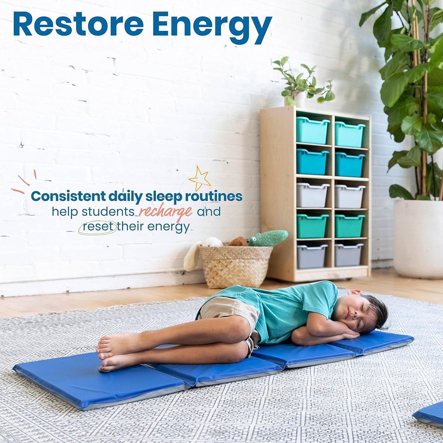 ECR4Kids Everyday Folding Rest Mat, 4-Section, 1in, Classroom Furniture, Blue/Grey